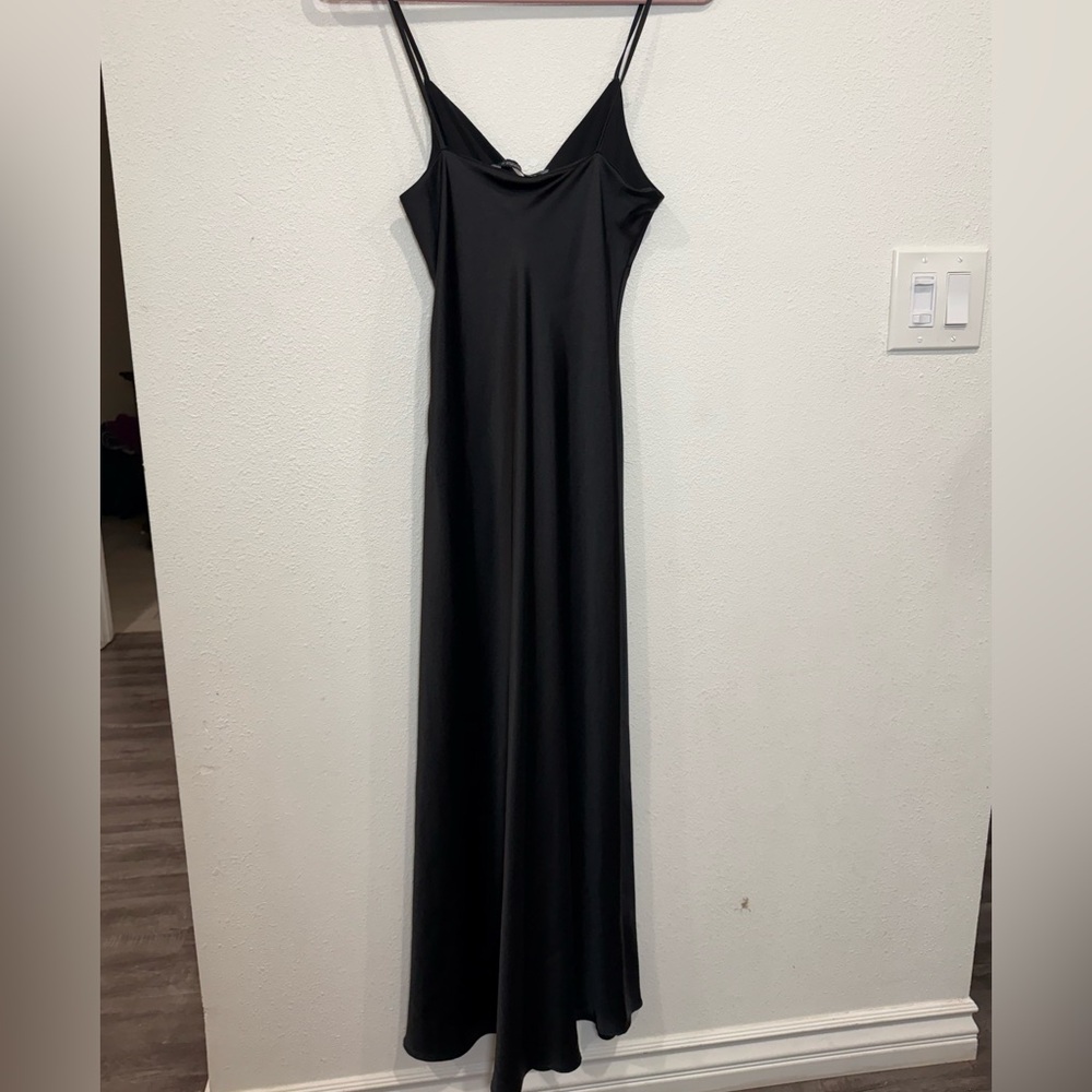 ZARA Black Satin Wrap Midi Dress XS | Side Button Slip Dress Elegant Minimalist - Picture 8 of 8